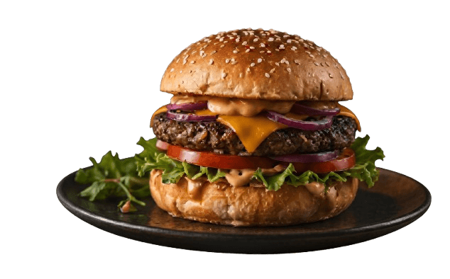 Classic Burger mit Rindfleisch, Käse, Salat, Tomate und Gewürzgurke im Sesambun