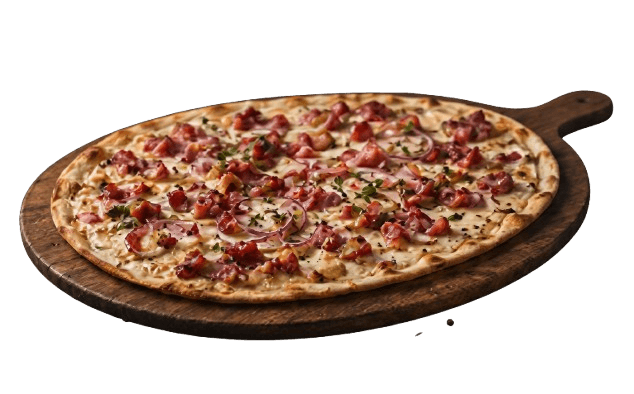 Flammkuchen Veggie mit Schmand, Tomaten, Oliven, Peperoni und Hirtenkäse