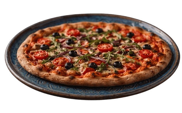 Pizza Griechisch mit Oliven, Pepperoni, Paprika, Champignons und Hirtenkäse